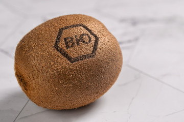 Kiwi fruit, marked with laser in german as Bio, that means 'organic'. Isolated on white marble background.