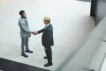 Horizontal high angle shot of two businessmen wearing stylish suits shaking hands, copy space