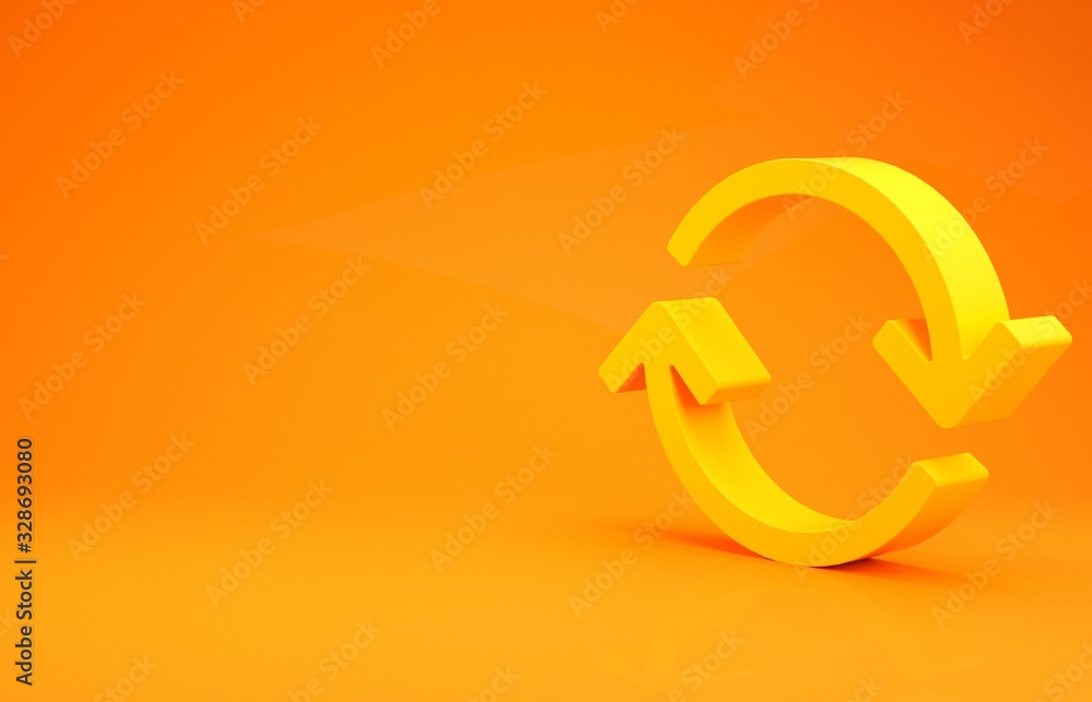Poster yellow refresh icon isolated on orange background. reload symbol. rotation arrows in a circle sign. 