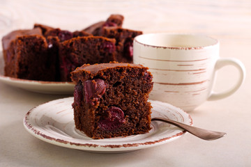 Chocolate and cherry cake, sliced