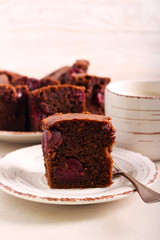 Chocolate and cherry cake, sliced