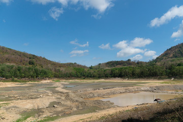 Landscape that started drought. Reservoir at the foot of the hill has low water levels until the ground can be seen. Ang Kep Nam Huai Hin Dat Rayong Thailand.