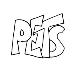 Hand lettering of the word pets isolated on white background. Simple vector illstration in doodle cartoon style