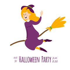 Halloween vector card, postcard, poster, invitation, flyer with people in different carnival costumes having fun in cartoon style isolated on white background.