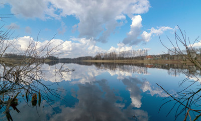 the view of the calm lake, the blue sky