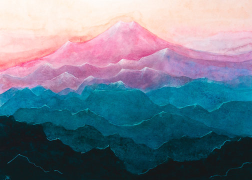 Dipinto acquerello catena di montagne color pastello rosa blu
