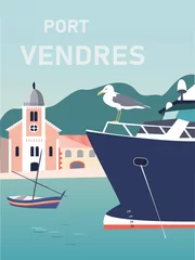 Fotobehang Vintage-style travel poster for Port Vendres, a French Catalan fishing village © Maria