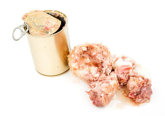 Canned pork meat on white background