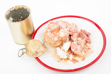 Canned pork meat on white background