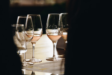 White, red and rose wine tasting close up view. Drop wine carafe.