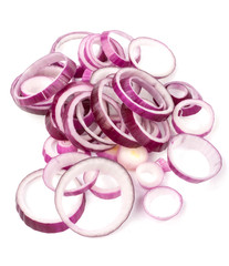 Red onion sliced rings on a white background