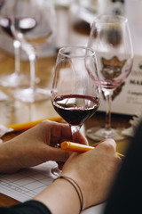White, red and rose wine tasting close up view. Drop wine carafe.