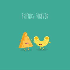 Pasta and cheese are friends forever. Vector graphics.