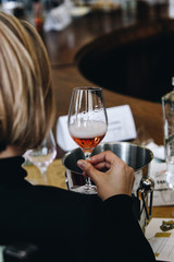 White, red and rose wine tasting close up view. Drop wine carafe.