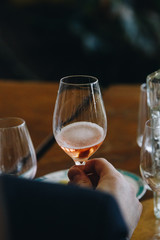 White, red and rose wine tasting close up view. Drop wine carafe.