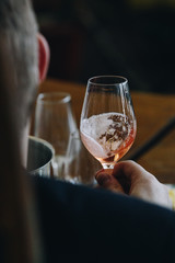 White, red and rose wine tasting close up view. Drop wine carafe.