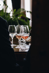 White, red and rose wine tasting close up view. Drop wine carafe.