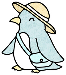 お出かけするペンギンのイラスト(色鉛筆風)