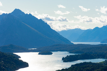 View of Perito Moreno Lake and the mountains taken from Mount Campanario viewpoint (Cerro Campanario). Bariloche, Argentina