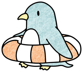 浮き輪を持っているペンギンのイラスト(色鉛筆風)