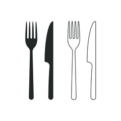 Fork and knife icon logo. Simple flat shape sign. Restaurant cafe kitchen diner place menu symbol. Vector illustration image. Black silhouette isolated on white background.