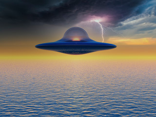 Fototapeta na wymiar a flying saucerful on stormy sky in 3d rendering