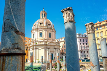 Fototapeta premium Panorama of the ruins of the ancient Roman forum, the most important place of ancient Rome. Antique architecture of Rome. above famous architectural landmark.