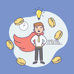 Concept Of Creativity, Business Success. Happy Young Businessman With Lots Of Gold Coins Flying Around. Successful Man Is Getting A Profit. Man Think Of New Project. Cartoon Flat Vector Illustration