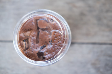 Iced cocoa in plastic cup with lid. You can drink coffee pass lid