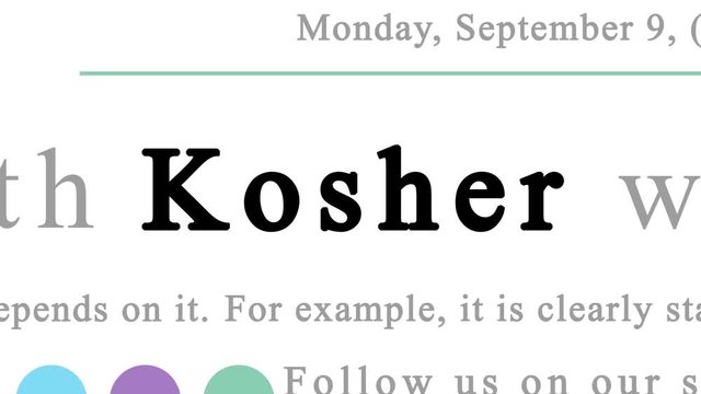 Zooming out animation on the word Kosher highlighted in multiple texts that are looking to be media news articles and blog posts of different sources. White background.
