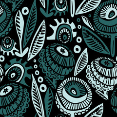 Modern seamless vector abstract pattern with simple ornamental flowers in marine colours on black background. Can be used for printing on paper, stickers, bijouterie, cards, textiles, sheets. 