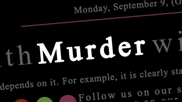 Animation of the word Murder being highlighted in a series of different types of news articles pages. Zooming out and rotating camera movement for a dramatic effect. Black background.