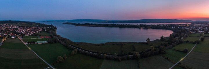 Panoramic view on the Lake Constance, the peninsula Mettnau, and the cities Radolfzell and...