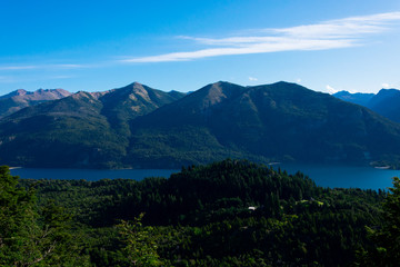 View of Perito Moreno Lake and the mountains taken from Mount Campanario viewpoint (Cerro Campanario). Bariloche, Argentina