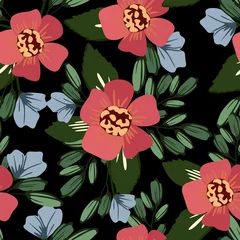 Behang Seamless repeat pattern with flowers in red blue on black background. Hand drawn fabric, gift wrap, wall art design. © Виктор Фесюк
