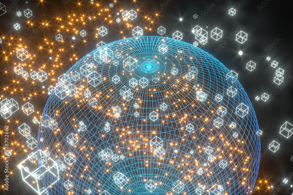 Poster data lines and earth model,glowing lines and cubes,3d rendering.