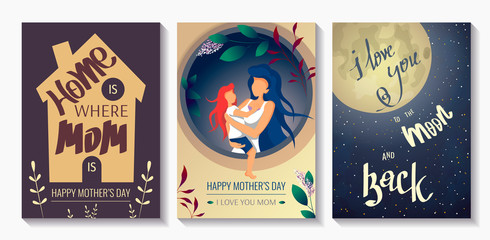 Set of cards for Mother's Day, Women's Day, childhood, motherhood, happy family. Mother with child and inspirational quotes. A4 Vector illustrations for card, postcard, poster, cover, print.