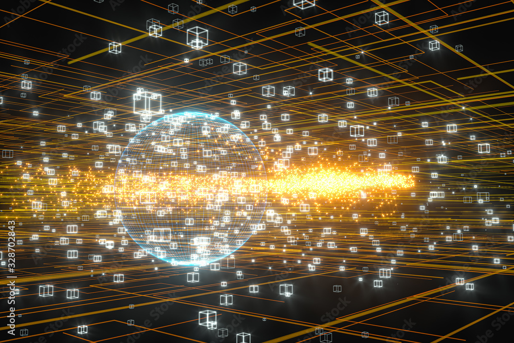 Poster data lines and earth model,glowing lines and cubes,3d rendering.