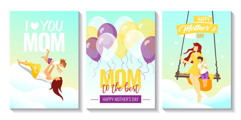 Set of cards for Mother's Day, Women's Day, childhood, motherhood. Mother with child in the clouds, flying balloons. A4 Vector illustrations for card, postcard, poster, cover, print.