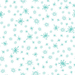 Seamless blue-green patterns COVID-19 on a white backdrop. Coronavirus background. A hand-drawn picture of the bacteria that caused the epidemic. Vector outline illustration