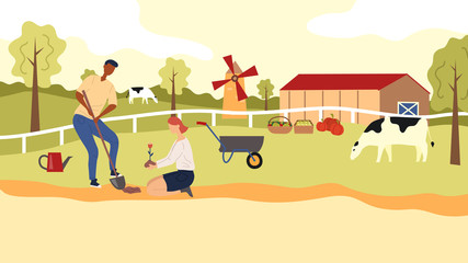 Fototapeta premium Gardening And Farming Concept. Happy Couple Is Gardening Planting And Watering Flowers, Cleaning Up. Man And Woman Is Working Outdoor At The Farm On The Backyard. Cartoon Flat Vector Illustration