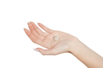 the femalthe female hand derzhderzhit a small stone is isolated on a white 