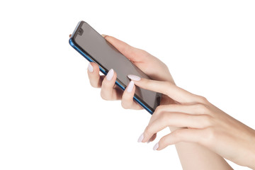 the female hand presses the screen of the smartphone is isolated on a white background