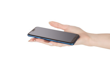 the female hand holds phone the smartphone with a gray gradient on the screen is isolated on a white background