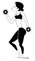 Pretty young woman does exercises with dumbbells illustration. Pretty young woman does exercises with weight black on white