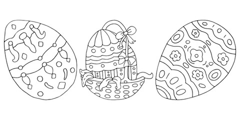 Set of painted easter eggs. Beautiful Russian patterns. Wicker basket. Happy Easter. Coloring page. Vector hand drawn illustrations set. Black and white isolated on white background.