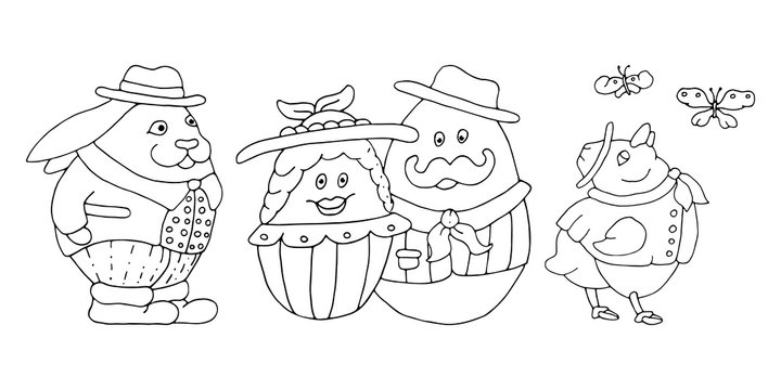Set of dressed characters: rabbit gentleman, easter eggs couple, chicken and butterfly. Happy Easter. Coloring page. Vector hand drawn illustrations set. Black and white isolated on white background.