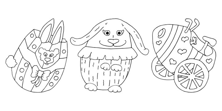 Easter set: funny easter bunny, painted eggs, easter egg car. Happy Easter. Coloring page. Vector hand drawn illustrations set. Black and white isolated on white background.
