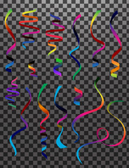 Curly and glossy ribbon isolated variety of colors over the background, set collection of three different foreshortening