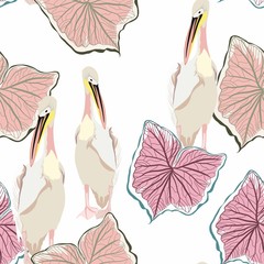 Seamless wallpaper pattern. Pelican water birds and exotic pink leaves on a white background. Textile composition, hand drawn style print. 